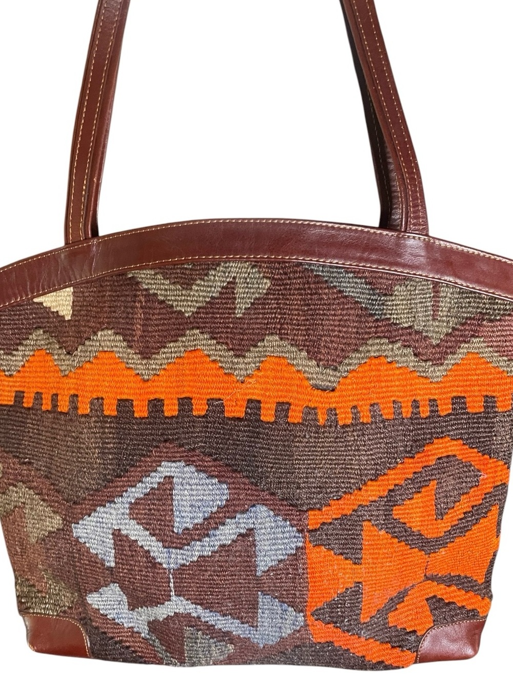 Vtg Yun Art Turkish tapestry Woven leather Aztec-Pattern Tote